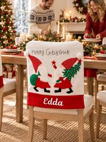 1PC Christmas Gnome Custom Embroidered Chair Slipcover, Personalized Decor Chair Cover With Custom Text Feature And Gnome Applique Detail, Home Ornament For Christmas, Nice Holiday Gift For Relatives - Multicolor - View 3