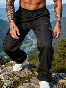 Men's Long Sports Cargo Pants, Elastic Drawstring Waist, Built-In Multi-Pocket Design, Outdoor Hiking Black - Black - View 3