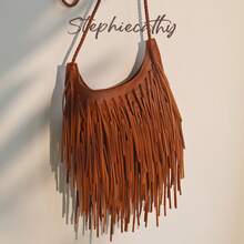 STEPHIECATHY Bohemian Style PU Leather Fringed Zipper Closure Woven Long Strap Women Casual Small Shoulder Crossbody Bag, Suitable For Vacation Travel - Brown - View 8