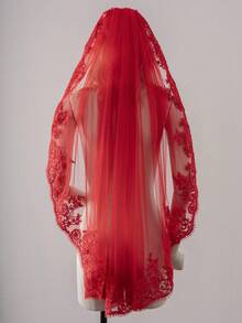 1 Pc Red Wedding Veil Lace Fingertip Length Bridal Veil With Comb For Theme Wedding Halloween Costumes - Multicolor - View 5