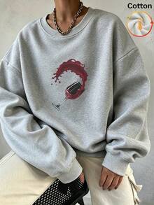 Casual Women's Thermal Lined Sweatshirt, Long Drop Shoulder Pullover With Ribbed Knit Details And Unique Wine Glass Print, Suitable For Winter - Flower Gray - View 4