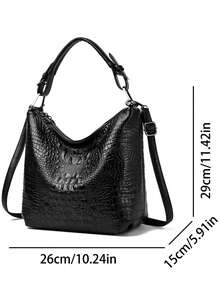 Vintage Crocodile Embossed Bucket Bag With Wide Strap, Fashionable Handbag, Crossbody And Shoulder Bag - Black - View 5