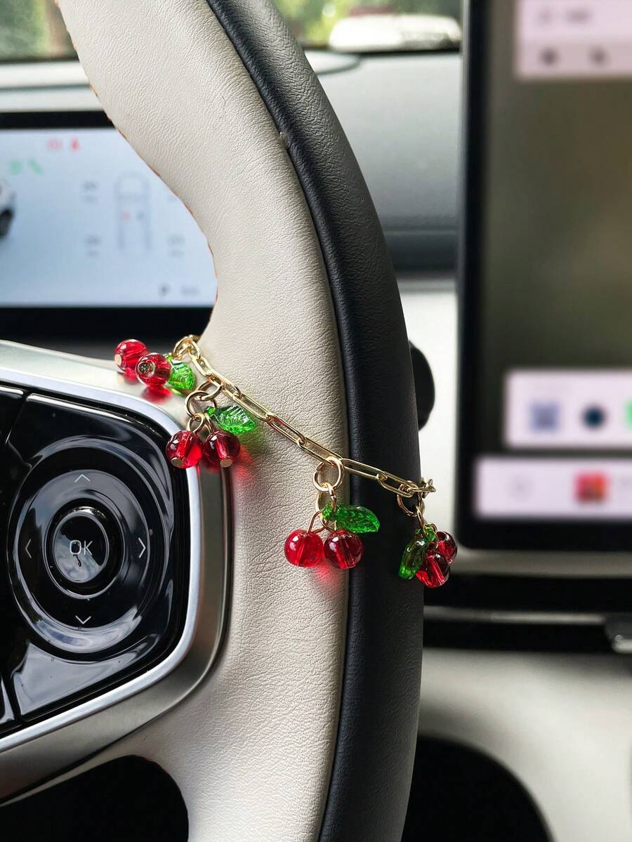 Cherry Pendant Car Steering Wheel Cover Hanging Chain, Car Interior Hanging Ornament, Steering Wheel Pendant Cherry Decoration Accessory For Women - Cherry - View 1