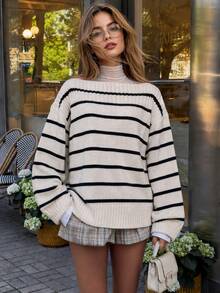 Women French Casual Striped Off Shoulder Knit Sweater, Oversized Long Sleeve Boat Neck Pullover,Women Daily Versatile Fall Winter Top - Apricot - View 7