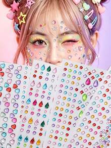 Random 1/4 Sheets Y2K Colorful Face Gem Stickers, Multi-Color Heart, Star, Teardrop Rhinestone Self-Adhesive Face Jewelry Decals For Festival Party, Cosplay, Christmas, Halloween Makeup, Body Eye Decoration And Face Diamond Stickers - Multicolor - View 1