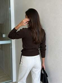 Women's Autumn/Winter Knit Cardigan, Y2K Casual Style, Round Neck Long Sleeve Coffee Color Knit Top, Suitable For Daily Wear And Commuting - Dark Coffee - View 5
