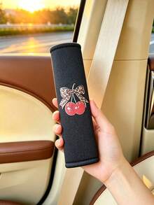 1pc Leopard Print Bow & Cherry Pattern Shoulder Strap Cover, Car Seat Belt Protector, Car Interior Decoration, Soft & Comfortable - A - View 3
