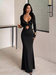 1pc Solid Color Elegant Knit Fabric Dress For Wedding Autumn - Black - View 2