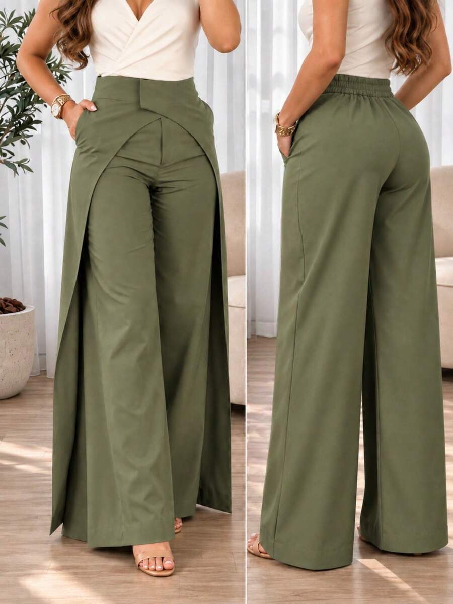 Autumn/Winter Asymmetrical Criss-Cross Design Casual Wide Leg Structured Pants For Women Olive Green Straight Leg Trousers With Pockets Professional Office Long Pants - Green - View 1