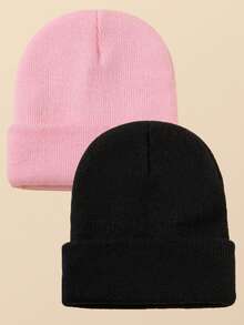 2pcs Unisex Outdoor Warm Solid Color Knit Beanie Hat Suitable For Daily Wear - Black + Pink - View 3