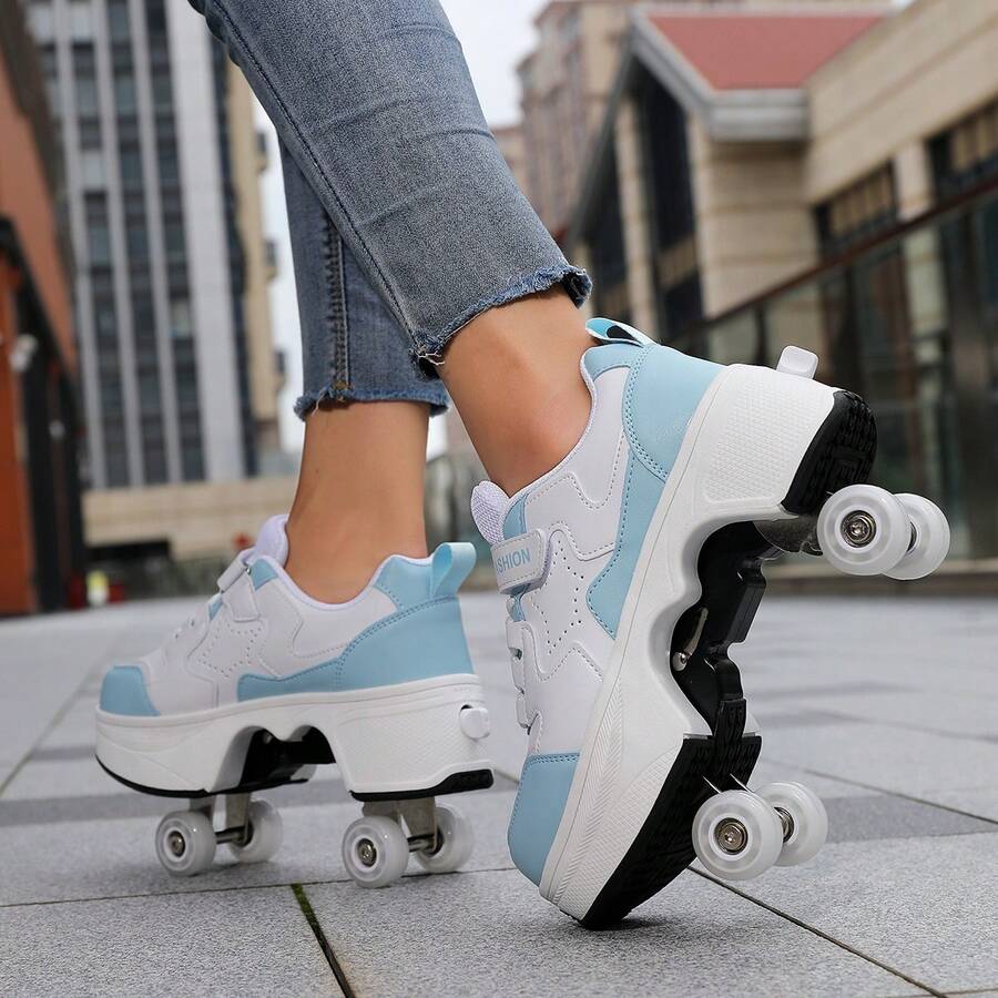 1 Pair Unisex Youth Student Roller Skates, 4-Wheel Retractable Hidden Wheels, Transformable Lace-Up Brake, Walkable And Glideable Inline Skates, Sports Shoes With Wheels, Gift