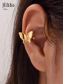 Hihho 1pc Luxury Minimalist Smooth Butterfly Design Women's Stud Earrings, Suitable For Commuting, Dating And Daily Wear - Butterfly - View 2