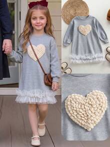 1pc Girls Casual Cute 3D Knitted Heart Mesh Round Neck Long Sleeve Dress, Spring/Autumn - Light Grey - View 2