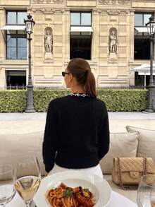 Women's Red Ruffle Peter Pan Collar Ribbed Cropped Knit Cardigan, Autumn French Style Casual Long Sleeve Top - Black - View 2