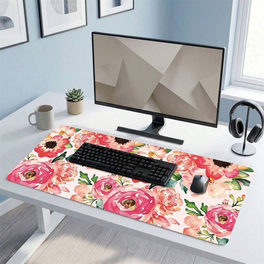 Pink Floral Pattern Gaming Mouse Pad, Non-Slip Rubber Desk Mat, Smooth Glide Surface, Suitable For Computer Laptop Office Home, Floral Abstract Art Decor, Back To School Supplies - A - View 1