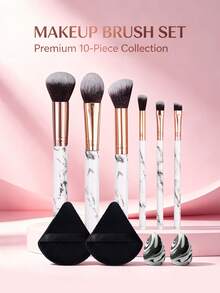 10pcs Makeup Tool Set Including 6pcs Soft Bristle Makeup Brushes + 4pcs Makeup Powder Puffs And Sponge Eggs, Essential For Home And Travel - White - View 2