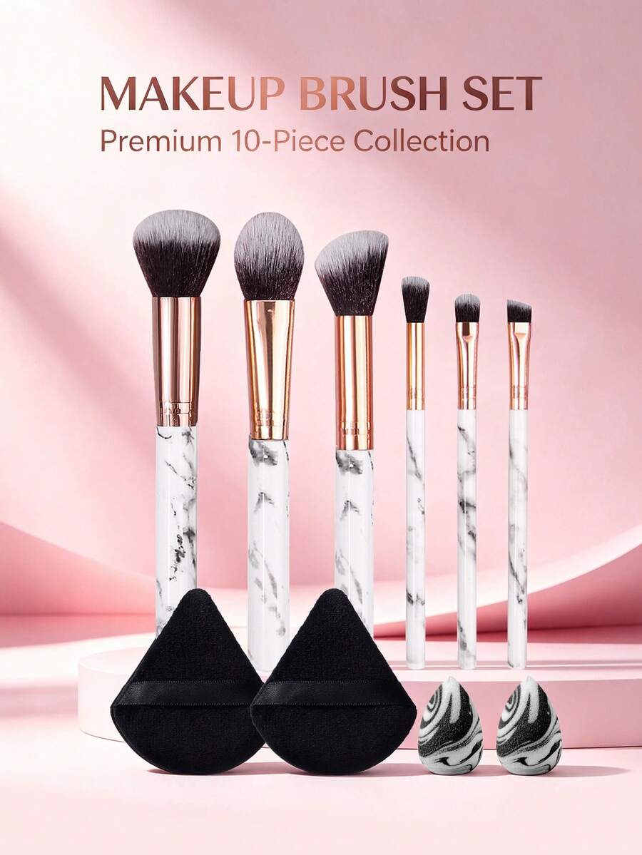 10pcs Makeup Tool Set Including 6pcs Soft Bristle Makeup Brushes + 4pcs Makeup Powder Puffs And Sponge Eggs, Essential For Home And Travel