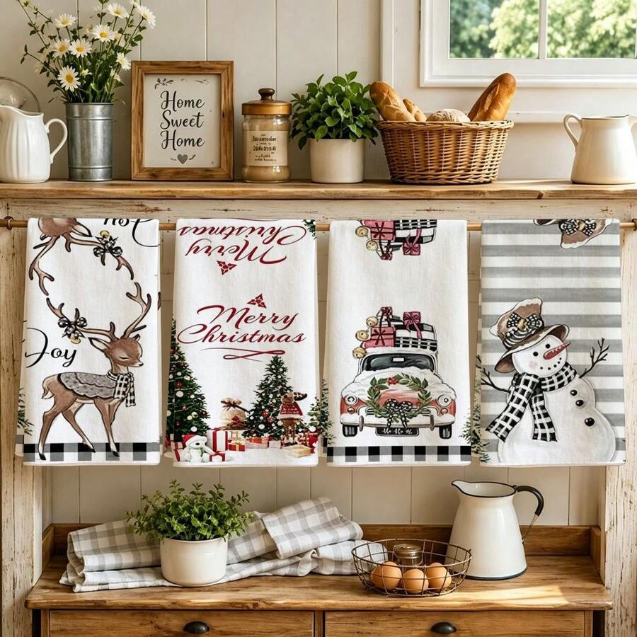 4pcs Kitchen Absorbent Towels, Made Of Polyester Material, Printed With Line Grid Christmas Snowman Pattern, Suitable For Kitchen, Bathroom, Ideal Choice For Housewives And Family Gatherings, High Cost-Performance Home Supplies, Great For Daily Decoration And Room Decor. - Multicolor - View 1