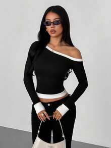 VENORA Contrasting Color Slashed Shoulder Long-Sleeved T-Shirt Women's 2026 Autumn New Off-The-Shoulder Slim Top,Daily Casual,Sexy,Y2k,Halloween - Black - View 4