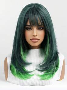 Topshe 18 Inch Medium Length Layered Straight Hair Women's Wig, Dark Green Base With Bright Green Gradient, Full Bangs, Heat-Resistant Synthetic Fiber, Suitable For Anime Cosplay, Halloween, Festival, Nightclub And Short Video Shooting - Piano Color - View 5