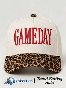1pc Women's "GAMEDAY" Trucker Hat Adjustable Design Stylish Embroidered Five-Panel Cap Perfect For Casual Wear, Parties Travel - Color-block - Beige Leopard Print - View 11