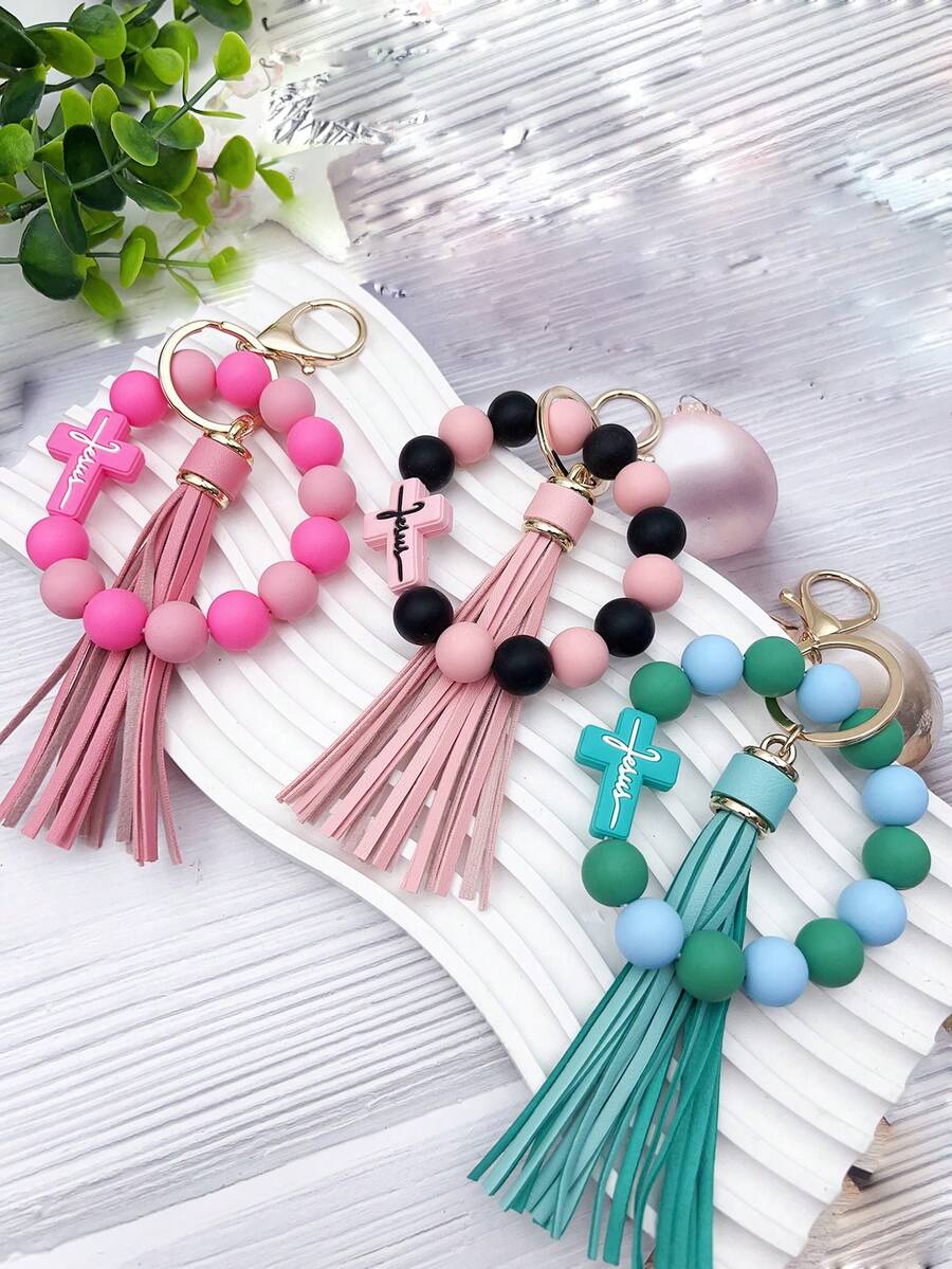 Cross Silicone Bead Bracelet Keychain, PU Tassel Wrist Key Ring, Colorful Beaded Bag Charm, Religious Faith Gift, Women's Bag Pendant - 428 - View 1