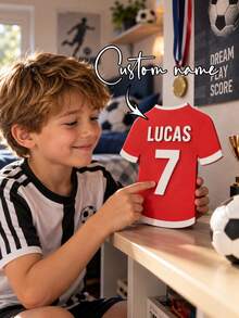 1pc Personalized 3D Printed Soccer Jersey Plaque, Customizable Name & Number Football Shirt Desktop Display, Sports Style Custom Commemorative Sign, Jersey Shaped Decorative Plaque, Sports Theme Custom Souvenir, Desktop Shelf Art Decor, Unique Customized Gift For Baby Celebration, Soccer Style Custom Desktop Display Sign - Multicolor - View 4