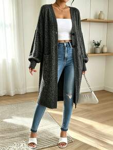Plus Size Casual Fashion Versatile V-Neck Button Pocket Long Sleeve Knit Long Cardigan - Dark Grey - View 3