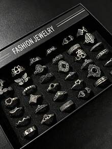 16pcs Gothic Men's Rings Set Punk Hip Hop Multi-Piece Unisex Finger Rings Party Vacation Daily Wear Fashion Jewelry Gift Random Style Suitable For Men And Women - Antique Silver - View 11