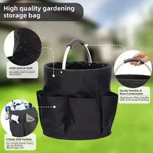 1pc Country Style Solid Color Gardening Tool Storage Bag, Round Bucket Shape, With 6 Side Pockets And Thickened Metal Handle, Foldable Oxford Cloth Storage Bag, Large Capacity Home Gardening Organizer Bag - A - View 4