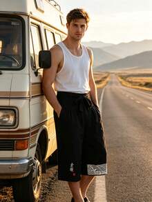 Men's Wide Leg Thin Loose Casual Pants With Drawstring, Printed Patchwork Wave Pattern, Cropped Length - Black - View 7