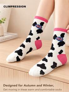 CLIMPRESSION Women's Cute Cow Print Boat Socks, White & Black Cow Print With Lettering, Fashion Pink Cuff Casual Cotton Mid-Calf Socks, Creative Everyday Socks - Pink - View 5