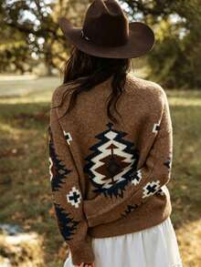 VEXHEIMA Women's Western Style Fashion Contrast Color Retro Geometric Pattern Ribbed Crew Neck Long Sleeve Casual Sweater - Brown - View 3
