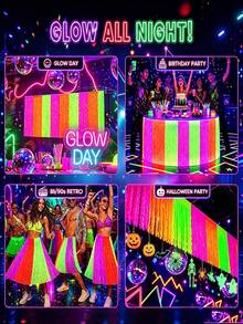 5pcs Fluorescent Glow Party Supplies, 3 Packs Wavy Table Skirt With 2pcs Fluorescent Fixing Tape, UV Black Light Responsive Neon Table Skirt Tablecloth Decoration, Suitable For Halloween, Birthday, Pool Party, Neon Theme Party, Photo Booth Backdrop Decor - View 9