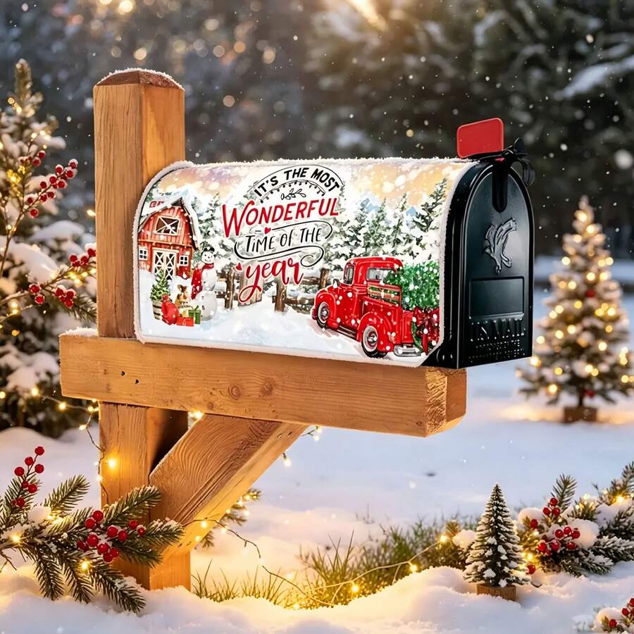 1 cái bọc hòm thư xe tải đỏ và cây thông Noel - kích thước tiêu chuẩn 21x18 inch, phù hợp trang trí sân vườn ngoài trời, trang trí Giáng sinh - A - Xem 1