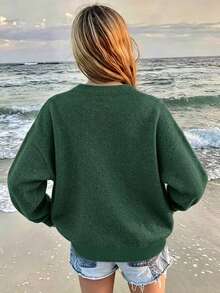 Plus Size Women's Ghost Reading Bookshelf Graphic Casual Pullover Sweater - Dark Forest Green - View 10