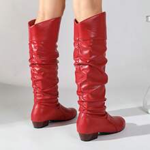 Women's Round Toe Low Heel Slouchy Knee-High Boots, Ruched Design, Vintage Style, Autumn/Winter Daily Wear - Red - View 6