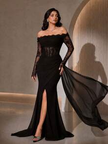 Elegant Black Long Sleeve Off-Shoulder Evening Gown With Contrast Lace And Slit Hem - Black - View 1