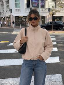 MUMRAP Women's Stand Collar Zipper Long Sleeve Loose Short Windbreaker Jacket, Casual Solid Color Lightweight Outerwear - Baby Pink - View 1