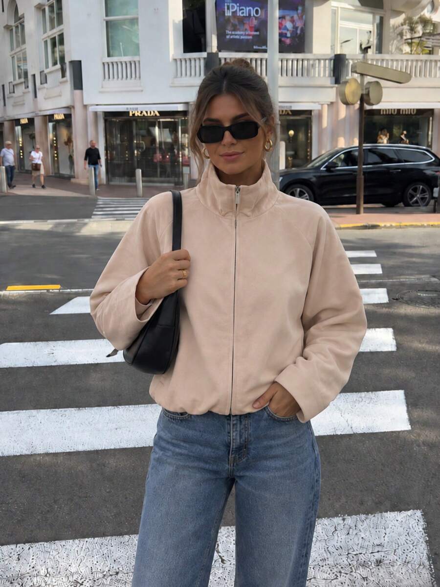 MUMRAP Women's Stand Collar Zipper Long Sleeve Loose Short Windbreaker Jacket, Casual Solid Color Lightweight Outerwear - Baby Pink - View 1