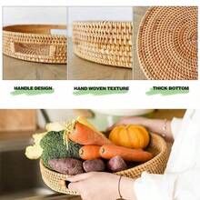 Handmade Woven Rattan Round Fruit Tray, Japanese Style Round Dessert Fruit Dinner Plate Storage Basket, Round Woven Rattan Storage Basket, Wooden Handle Tray, Bread Fruit Cake Food Plate, Home Use Tray - Brown - View 2