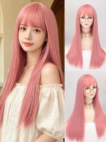 26 Inch Long Straight Pink Synthetic Wig With Bangs, Suitable For Women, Anime Cosplay Wig, Suitable For Girls Daily Wear, Halloween, Music Festival Party, Anime Cosplay, Also A Gift For Friends And Halloween - Pink - View 1
