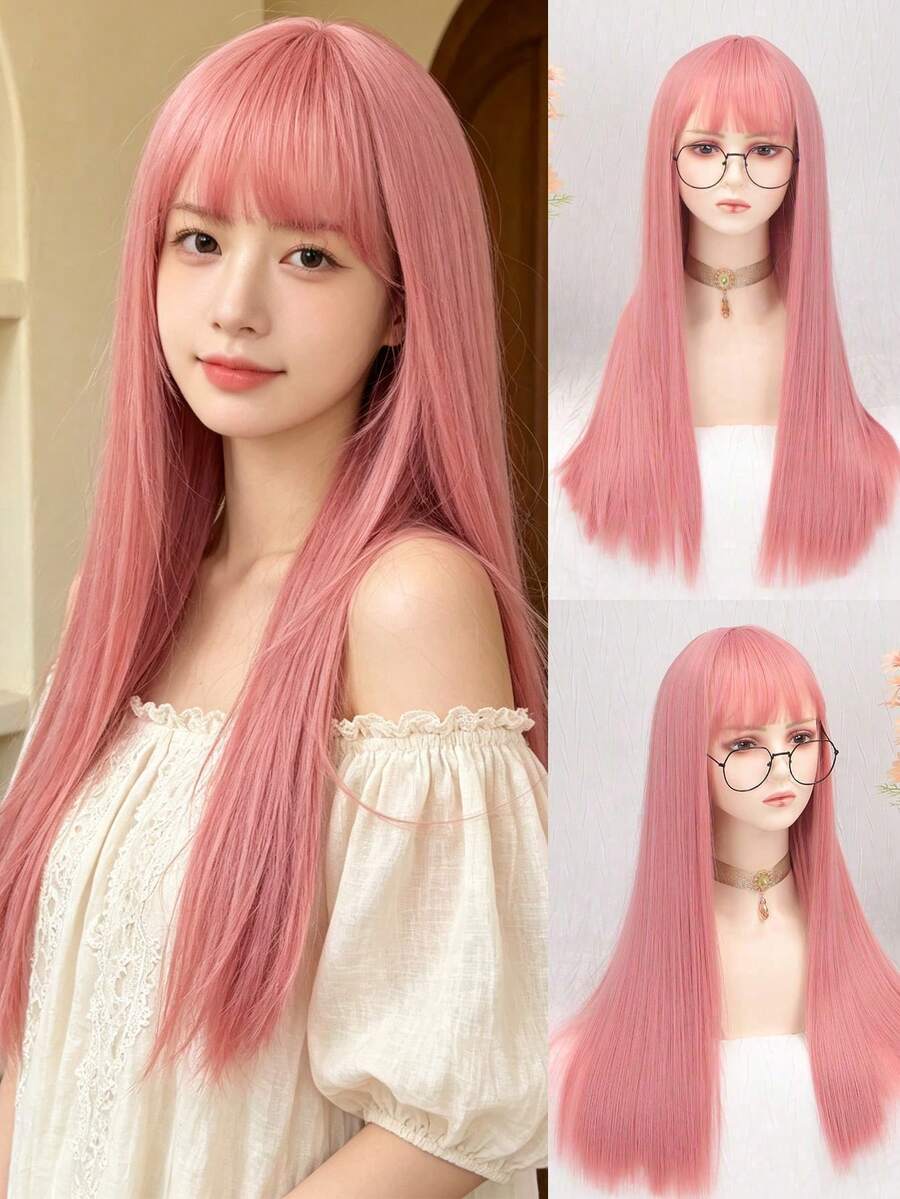 26 Inch Long Straight Pink Synthetic Wig With Bangs, Suitable For Women, Anime Cosplay Wig, Suitable For Girls Daily Wear, Halloween, Music Festival Party, Anime Cosplay, Also A Gift For Friends And Halloween - Pink - View 1