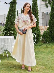 Women's Elegant Luxury One Size Computer Embroidered Sequin Beaded Ball Gown, Chiffon Batwing Sleeve, Pleated Hem - Champagne - View 1