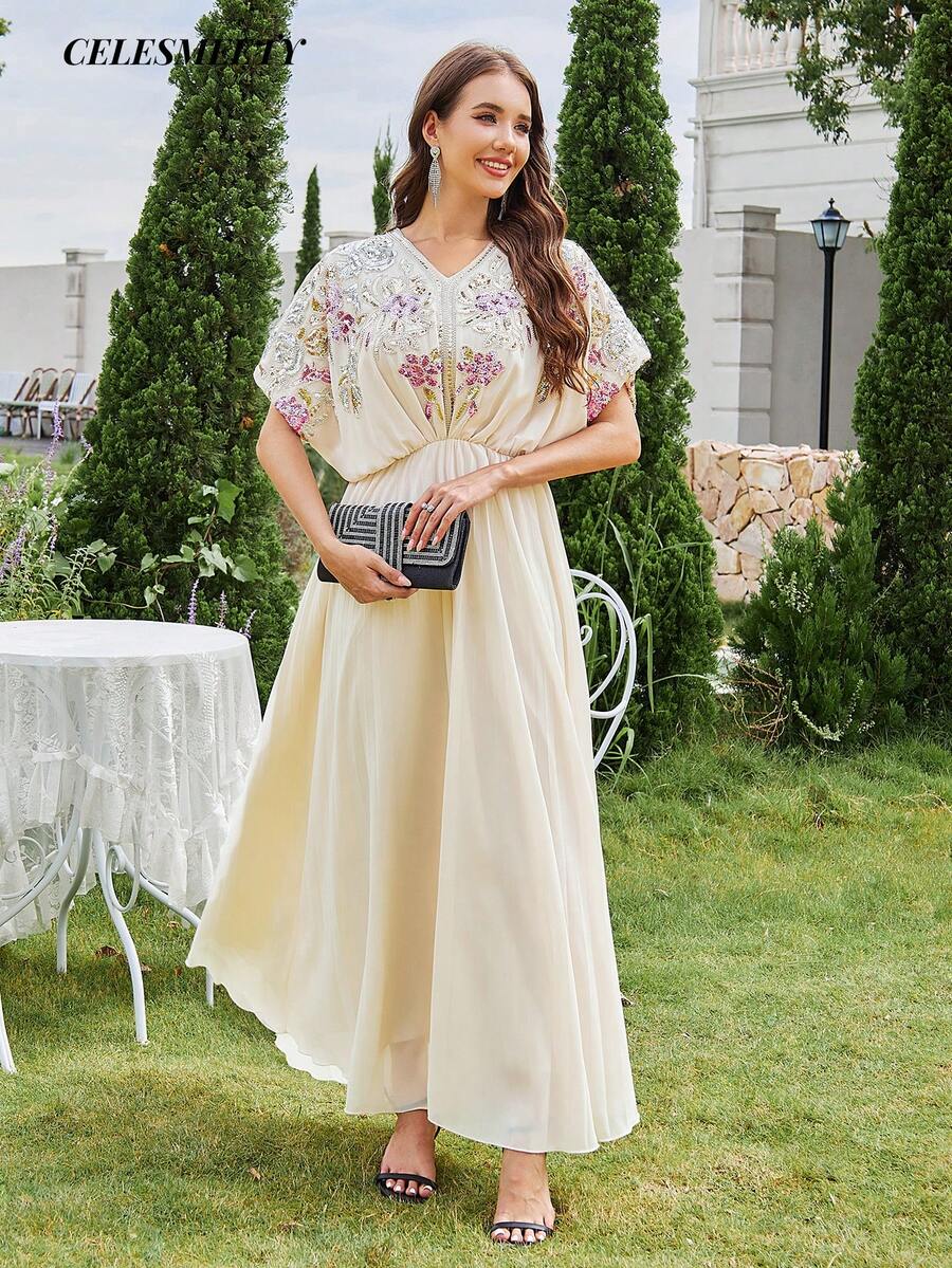 Women's Elegant Luxury One Size Computer Embroidered Sequin Beaded Ball Gown, Chiffon Batwing Sleeve, Pleated Hem - Champagne - View 1