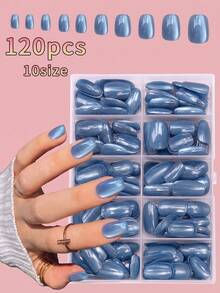120片秋冬款貓眼穿戴甲，短方型，霧藍亮面底色搭配閃亮貓眼效果，純色圖案，時尚可重複使用假指甲，適合日常、約會、派對及季節性節日穿戴 - 霧霾藍 - 查看 1