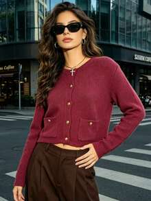 Cardigan Rajut Wanita Warna Burgundy, Dengan Saku, Lengan Panjang, Panjang Standar, Bahan Poliester, Cocok Untuk Dipakai di Musim Gugur/Musim Dingin. - Burgundy - View 4