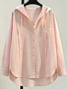 Kemeja Wanita Lengan Panjang Warna Pink dengan Tudung dan Kancing Depan, Tali Serut, Hem Asimetris dengan Bagian Depan Pendek dan Belakang Panjang, Bahan Poliester, Cocok untuk Musim Semi. - Baby Pink - View 3