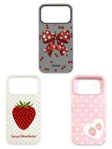 3pcs Cute Cherry Bow Polka Dot Strawberry Heart Print Matte Phone Cases, Covers, Black & White Polka Dot Cherry Bow / Cream White Big Strawberry / Pink Polka Dot Strawberry Heart, Coquette Sweet Girl . Korean Ins . Y2K Millennium . Summer Dopamine Style, Red Cherry + Brown Bow + White Polka Dot + Strawberry + Heart, Cute Phone Case, Suitable For Girls, Young Women, Mother's Day, Valentine's Day, Birthday, Easter, Spring Season - Multicolor - View 43