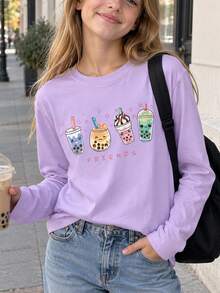 1pc Tween Girl Casual Printed Long Sleeve T-Shirt, Autumn/Winter Style, Student Children Clothing, Fashionable Warm Comfortable Top, Suitable For Tween Girl And Teenagers - Purple - View 2